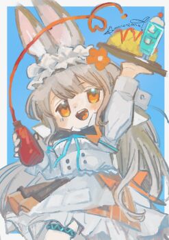 1girl absurdres animal_ear_fluff animal_ears arknights arm_up blue_background border bottle food frilled_skirt frills grey_border grey_hair highres holding holding_bottle holding_tray ice_cream ice_cream_float kamonoshima ketchup ketchup_bottle long_hair omelet omurice orange_eyes orange_skirt shirt signature skirt solo tray very_long_hair warmy_(arknights) white_shirt