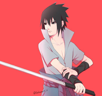 1boy black_eyes black_hair grey_shirt hair_between_eyes highres holding holding_sword holding_weapon looking_to_the_side male_focus mochiii-s naruto_(series) naruto_shippuuden red_background shirt short_hair short_sleeves solo spiked_hair sword twitter_username uchiha_sasuke upper_body weapon zipper_pull_tab