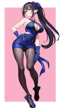 1girl absurdres bare_shoulders black_hair blue_bow blue_dress blue_shoes border bow breasts brown_pantyhose center_opening character_request commentary contrapposto covered_navel criss-cross_halter dopamine70 dress english_commentary full_body halter_dress halterneck hand_on_own_hip highres large_breasts looking_at_viewer mabinogi outside_border pantyhose pink_background pointy_ears ponytail shoes solo standing two-tone_dress white_border