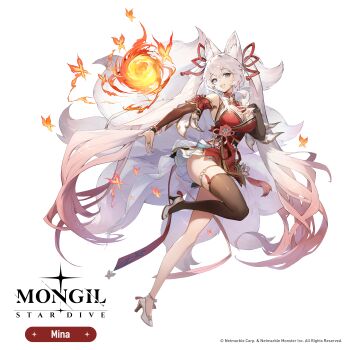 1girl :d absurdres animal_ear_fluff animal_ears arm_warmers bare_shoulders bell black_arm_warmers black_thighhighs blue_eyes breasts bug butterfly character_name cleavage_cutout clothing_cutout copyright_name copyright_notice dress fireball fox_ears fox_girl fox_tail full_body gradient_hair hair_ribbon hand_on_own_chest high_heels highres insect kitsune kyuubi large_breasts leg_up logo long_hair mina_(mongil:_star_dive) mongil:_star_dive multicolored_hair multiple_tails neck_bell official_art open_mouth pink_hair red_butterfly red_dress red_ribbon ribbon shoes single_thighhigh sleeveless sleeveless_dress smile solo standing standing_on_one_leg tail thigh_strap thighhighs transparent_background twintails very_long_hair white_hair white_shoes