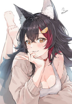 1girl animal_ears barefoot black_hair breasts brown_jacket cleavage commentary_request feet feet_up highres hololive jacket long_hair lying multicolored_hair on_stomach ookami_mio open_clothes open_jacket parted_lips red_hair smile soles solo sports_bra the_pose toes torokko two-tone_hair v virtual_youtuber white_sports_bra wolf_ears wolf_girl