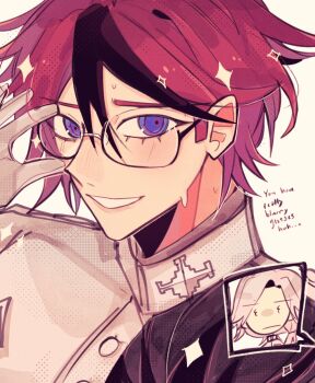 2boys :i adjusting_eyewear aotsuki_eito black_streaks blue_eyes borrowed_accessory commentary english_commentary english_text gakuran glasses gloves grey_hair grin highres image_in_speech_bubble jacket last_defense_academy_school_uniform looking_at_viewer male_focus multicolored_hair multiple_boys red_hair school_uniform short_hair simple_background smile sparkle streaked_hair sumino_takumi sweat takueitaku the_hundred_line_-last_defense_academy- upper_body white_background white_gloves white_jacket