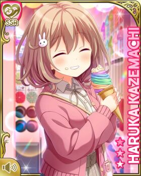 1girl bag bow bowtie brown_hair card_(medium) character_name clenched_teeth closed_eyes closed_mouth day dress food girlfriend_(kari) grey_bow grey_dress hair_ornament hairclip handbag ice_cream ice_cream_cone jacket kazemachi_haruka long_sleeves looking_at_viewer official_art outdoors pink_eyes pink_jacket pleated_dress qp:flapper rabbit_hair_ornament short_hair sidewalk smile solo standing tagme tareme teeth treble_clef