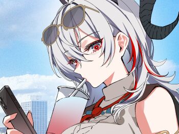 1girl bare_shoulders black_horns blue_sky cellphone commentary cup curled_horns day disposable_cup drinking drinking_straw drinking_straw_in_mouth english_commentary eyewear_on_head fingernails foxyreine grey_eyes hair_between_eyes highres holding holding_phone horns long_hair looking_at_viewer multicolored_hair necktie official_alternate_costume outdoors phone portrait red_eyes red_necktie sky smartphone solo streaked_hair sunglasses unfinished wuthering_waves zani_(downtown_repose)_(wuthering_waves) zani_(wuthering_waves)