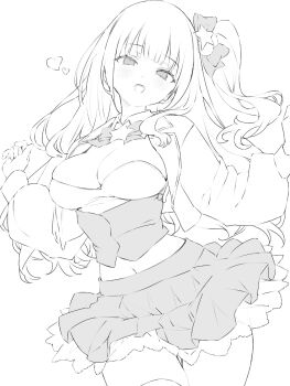 Rule 34 | 1girl, bow, bowtie, breasts, cleavage, commentary request, cowboy shot, crop top, cropped jacket, detached collar, greyscale, hair bow, hair ornament, highres, jacket, large breasts, long hair, long sleeves, looking at viewer, midriff, miniskirt, monochrome, navel, one side up, open clothes, open jacket, open mouth, original, pleated skirt, shirt, skirt, solo, star (symbol), star hair ornament, underbust, unfinished, yamai yurika