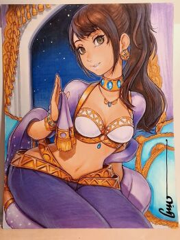 1girl alternate_costume arabian_clothes artist_name bra breasts brown_hair choker cleavage commentary commentary_request couch curtains dancer earrings english_commentary gold_trim harem_outfit harem_pants highres indoors jewelry kujikawa_rise looking_at_viewer marker_(medium) medium_breasts midriff navel necklace omar_dogan on_couch pants persona persona_4 persona_4:_dancing_all_night persona_dancing photo_(medium) pillow purple_pants purple_shawl shawl signature sky smile solo star_(sky) starry_sky teeth traditional_media twintails underwear upper_teeth_only window yellow_eyes