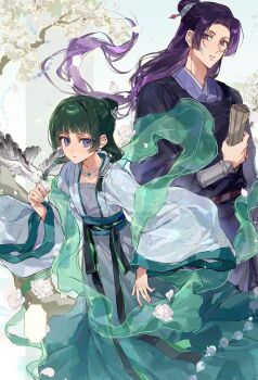 1boy 1girl bird bird_on_hand blue_eyes blunt_bangs chinese_clothes commentary cow dress falling_petals flat_chest flower green_hair green_shawl grey_dress hair_bun half_updo highres holding holding_scroll jewelry jinshi_(kusuriya_no_hitorigoto) kusuriya_no_hitorigoto long_hair low-tied_long_hair maomao_(kusuriya_no_hitorigoto) necklace parted_bangs parted_lips petals pink_eyes purple_hair purple_robe robe scroll shawl symbol-only_commentary white_flower white_petals yuikisezu