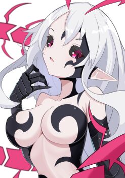 absurdres aura bare_shoulders black_sclera breasts bug cleavage colored_sclera commentary corruption dark_persona demon demon_girl disgaea disgaea_rpg gloves hand_up highres large_breasts liezerota liezerota_(disgaea) long_hair looking_down looking_to_the_side makai_senki_disgaea_5 nippon_ichi octpus parted_lips pointy_ears possessed possession purple_eyes siblings slit_pupils void_dark_(disgaea) white_background white_hair