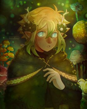 1boy alternate_costume alternate_universe antenna_hair artist_name basil_(faraway)_(omori) basil_(omori) blonde_hair blue_eyes blush bright_pupils commentary double-parted_bangs english_commentary hair_between_eyes highres looking_at_viewer male_focus mushroom omori parted_lips pointy_ears short_hair sidelocks solo upper_body white_pupils zoewillowz