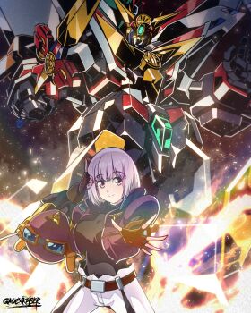 1girl absurdres armor breasts cosplay crossover fingerless_gloves fire gao_ex_kaiser gloves great_might_gaine_perfect_mode gridman_universe helmet highres holding holding_weapon jacket large_breasts letterman_jacket looking_at_viewer mecha might_gaine open_mouth outside_border purple_hair red_eyes robot science_fiction shinjou_akane shirt short_hair shoulder_cannon smile solo standing super_robot sword tented_shirt unworn_headwear unworn_helmet v-fin weapon yellow_eyes yuusha_series yuusha_tokkyuu_might_gaine