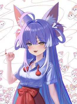 1girl absurdres ahoge animal_ear_fluff animal_ears arm_at_side blue_eyes blue_shirt bow bowtie collared_shirt commentary_request cowboy_shot eruthu fingernails fox_ears fox_girl hair_intakes hand_up heterochromia highres inari_(tenko_shibuki) korean_commentary light_blush long_hair multicolored_hair open_mouth pink_pupils pinky_out purple_hair red_bow red_bowtie red_skirt shirt shirt_tucked_in short_sleeves skirt smile solo standing stellive straight_hair streaked_hair string string_of_fate tenko_shibuki undone_bowtie very_long_hair virtual_youtuber white_background yellow_eyes yellow_pupils