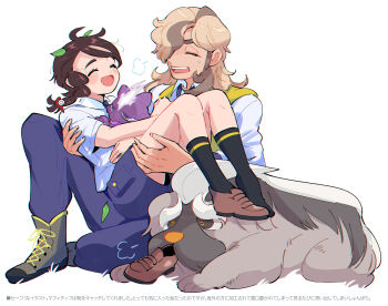1boy 1girl :d arven_(pokemon) black_socks blush boots brown_footwear brown_hair closed_eyes commentary_request eyelashes gen_8_pokemon highres holding holding_pokemon juliana_(pokemon) knees leaf mabosstiff nintendo open_mouth pants patata_sms pokemon pokemon_(creature) pokemon_sv school_uniform shirt shoes short_sleeves shorts smile socks toxel translation_request uva_academy_school_uniform white_background white_shirt
