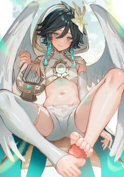 1boy apple aqua_hair barefoot between_feet black_hair blush braid bridal_gauntlets capelet cecilia_flower_(genshin_impact) chest_tattoo closed_mouth commentary_request covered_collarbone crop_top feathered_wings flower food fruit genshin_impact gradient_hair groin hair_between_eyes hair_flower hair_ornament highres holding holding_instrument hood hood_up hooded_capelet instrument leg_tattoo looking_at_viewer lyre male_focus midriff mocchiri290 multicolored_hair navel official_alternate_costume partial_commentary saliva shirt short_hair_with_long_locks shorts side_braids sidelocks single_thighhigh sitting sleeveless sleeveless_shirt smile solo stirrup_legwear sweat tattoo thighhighs toeless_legwear tongue tongue_out twin_braids venti_(archon)_(genshin_impact) venti_(genshin_impact) white_capelet white_flower white_shirt white_shorts white_thighhighs white_wings wings