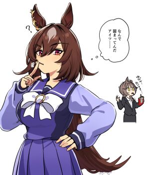 2girls ? ahoge animal_ears black_jacket black_pants blush bow bowtie breasts brown_hair chocolate closed_mouth collared_shirt ear_ornament food food_in_mouth hair_between_eyes highres holding holding_food holding_pocky horse_ears horse_girl jacket large_breasts long_hair long_sleeves looking_at_viewer mouth_hold multicolored_hair multiple_girls open_mouth original pants pocky pocky_in_mouth purple_sailor_collar purple_serafuku purple_shirt purple_skirt red_eyes sailor_collar sailor_shirt school_uniform serafuku shirohashi_akari_(toji_(y2toj2)) shirt simple_background sirius_symboli_(umamusume) skirt speech_bubble streaked_hair thought_bubble toji_(y2toj2) tracen_school_uniform umamusume very_long_hair white_background white_bow white_bowtie white_hair white_shirt yellow_eyes
