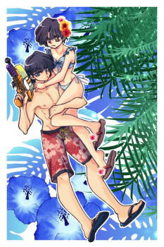 1boy 1girl bare_pectorals bikini black_hair black_sandals blue_bikini blue_eyes blue_flower braid breasts brown_eyes carrying carrying_person cleavage closed_mouth collarbone commentary_request flip-flops floral_background floral_print_shorts flower full_body hair_flower hair_ornament hetero highres midriff orange_flower pectorals pink_flower ranma_1/2 red_shorts red_swim_trunks sandals saotome_ranma saotome_ranma_(male) short_hair shorts single_braid swimsuit tendou_akane topless_male yodare