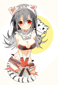 absurdres animal_ears breasts choujigen_game_neptune cleavage fingerless_gloves fur_collar gloves grey_hair highres jewelry long_hair martial_arts_belt medium_breasts necklace neptune_(series) panties pants red_eyes red_gloves strapless_sports_bra tail tekken_(neptunia) tiger tiger_ears tiger_print_panties tiger_tail torn_clothes torn_pants underwear white_tiger white_tiger_print yitsune_melody