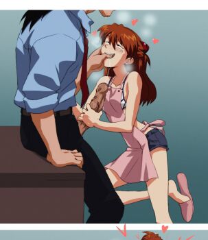 Rule 34 | 1boy, 1girl, age difference, amondetauro, black pants, blue shirt, blush, erection, happy, heart, hetero, highres, kaji ryouji, neon genesis evangelion, orange hair, pants, penis, shirt, souryuu asuka langley