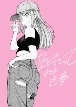 Rule 34 | 1girl, ass, bare shoulders, baseball cap, breasts, character request, commentary request, crop top, denim, hat, highres, jeans, komi shin'ya, long hair, looking back, pants, partially colored, simple background, smile, solo, sora wo matotte, torn clothes, torn jeans, torn pants