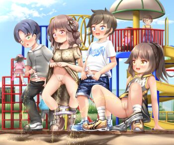 3boys 5girls arm_support bar_censor baseball_cap black_dress black_hair black_panties black_pants black_shorts black_socks blue_eyes blue_overalls blue_shoes blue_shorts blush boots braid breasts brown_boots brown_hair brown_ribbon censored chain-link_fence clothes_lift clothes_pull clothes_writing cloud collarbone denim denim_overalls dress dress_lift erection fence flat_chest floral_print grass green_eyes grey_hoodie grey_shorts hair_ribbon hat hood hoodie jungle_gym loli long_hair looking_at_another looking_at_pussy male_underwear male_underwear_pull multiple_boys multiple_girls navel open_mouth original overalls panties panties_around_one_ankle pants pants_pull panty_pull peeing peeing_together penis pink_hat pink_shirt pink_skirt playground polka_dot polka_dot_panties ponytail print_dress puddle pussy renati_(renatium) ribbon sand sandbox shirt shoes short_hair short_sleeves shorts shorts_around_one_leg shorts_pull shota skirt sky sleeveless sleeveless_dress slide small_breasts smile sneakers socks sparkle spread_legs squatting standing testicles twin_braids underwear white_male_underwear white_panties white_shirt white_shoes white_socks yellow_dress yellow_eyes yellow_shirt yellow_shoes