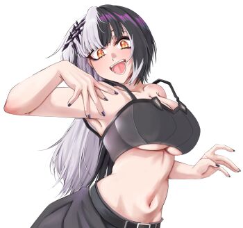 Rule 34 | 1girl, absurdres, alternate costume, black hair, blunt bangs, breasts, cleavage, fangs, highres, hololive, hololive english, long hair, looking at viewer, midriff, mmneko, multicolored hair, nail polish, navel, open mouth, shiori novella, smile, solo, torso, two-tone hair, underboob, virtual youtuber, white background, white hair, yellow eyes