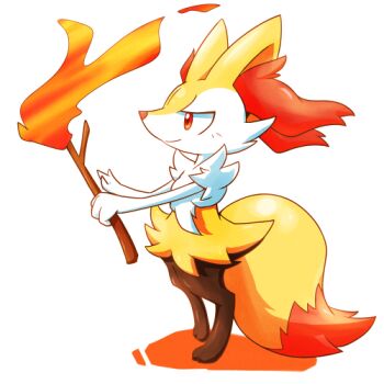 Rule 34 | animal ear fluff, braixen, commentary request, fire, gen 6 pokemon, holding, holding stick, kinakomochi (kazuna922), lowres, multicolored fur, nintendo, pokemon, pokemon (creature), red fur, simple background, solo, stick, tail, white background, white fur, yellow fur
