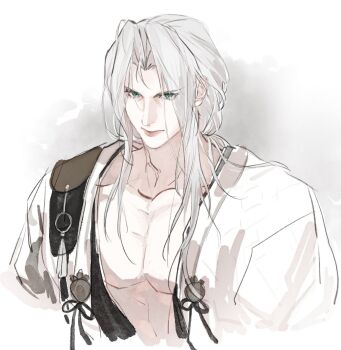 1boy black_kimono closed_mouth commentary english_commentary final_fantasy final_fantasy_vii final_fantasy_vii:_ever_crisis green_eyes grey_hair haori highres huaihecc japanese_clothes kimono long_bangs low_ponytail male_focus official_alternate_costume open_clothes open_kimono parted_bangs pectorals ponytail sephiroth sephiroth_(one_with_the_blade) slit_pupils solo upper_body white_haori