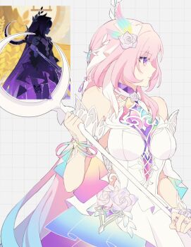 1girl aqua_hair bare_shoulders breasts ceremonial_blade_(honkai:_star_rail) cyrene_(honkai:_star_rail) cyrene_(ripples_of_past_reverie)_(honkai:_star_rail) diamond-shaped_pupils diamond_(shape) flower grid_background hair_flower hair_ornament hashtag-only_commentary highres holding holding_staff honkai:_star_rail honkai_(series) ki_ii37 large_breasts long_hair multicolored_hair pink_hair purple_eyes reference_inset solo staff symbol-shaped_pupils very_long_hair white_hair