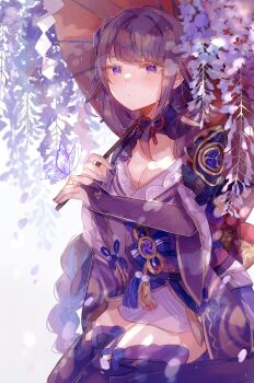 Rule 34 | 1girl, 247 (nsn na7), armor, back bow, blunt bangs, blush, bow, braid, breasts, bridal gauntlets, cleavage, closed mouth, commentary, dappled sunlight, flower, genshin impact, hair ornament, highres, holding, holding umbrella, japanese clothes, kimono, long braid, looking at viewer, medium breasts, mitsudomoe (shape), mole, mole under eye, oil-paper umbrella, outdoors, purple eyes, purple kimono, raiden shogun, red sash, sash, shade, shoulder armor, solo, sunlight, tomoe (symbol), tree shade, umbrella, upper body, wide sleeves, wisteria