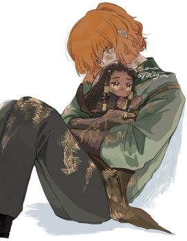 Rule 34 | 2girls, apron, black pants, brown apron, brown gloves, brown shoes, collared shirt, dirty, dirty clothes, dirty face, gloves, green shirt, ishmael (project moon), ishmael (the pequod) (project moon), knees up, limbus company, long sleeves, mini person, minigirl, multiple girls, orange hair, pants, project moon, queequeg (project moon), shirt, shoes, short hair, simple background, to0125u, white background