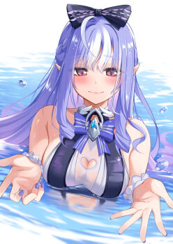 1girl air_bubble bare_shoulders bow breasts bubble chainsaw_man closed_mouth clothing_cutout hair_bow heart highres konka large_breasts long_hair looking_at_viewer multicolored_hair official_alternate_costume pointy_ears purple_hair purple_nails red_eyes scene_reference smile solo streaked_hair swimsuit upper_body vivian_banshee vivian_banshee_(iris_of_the_shore) white_hair zenless_zone_zero