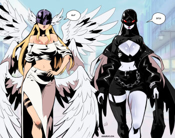 2girls angel_and_devil angel_wings angewomon black_shorts black_wings blonde_hair breasts chain cleavage cleavage_cutout clothing_cutout colored_skin commentary covered_eyes digimon digimon_(creature) english_commentary hand_on_own_hip head_wings helmet helmet_over_eyes kukuruyo ladydevimon large_breasts long_hair long_sleeves low_wings making-of_available mask midriff multiple_girls multiple_wings navel off-shoulder_shirt off_shoulder open_mouth outdoors paid_reward_available profanity puffy_long_sleeves puffy_sleeves red_eyes shirt shorts side_slit single_bare_leg single_thighhigh skirt speech_bubble thigh_strap thighhighs white_shirt white_skin white_skirt white_wings winged_helmet wings