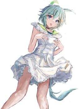 1girl animal_ears arms_behind_head blue_eyes breasts choker closed_mouth commentary_request dress ear_covers flower green_sailor_collar grey_hair hair_between_eyes hair_flower hair_ornament hairclip horse_ears horse_girl horse_tail looking_at_viewer sailor_collar seiun_sky_(reeling_in_the_big_one)_(umamusume) seiun_sky_(umamusume) shirt short_hair simple_background single_ear_cover small_breasts solo sunflower sunflower_hair_ornament tail tongue tongue_out umamusume white_background white_dress yanagi_wakana