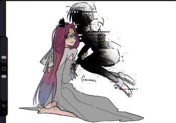 2girls alien_stage arm_cutout art_program_in_frame barefoot blue_hair clothing_cutout commentary dress glitch grey_dress hair_ribbon hand_on_another's_head hashtag-only_commentary highres kassakeks long_hair mizi_(alien_stage) multicolored_hair multiple_girls pink_hair ribbon signature sitting sua_(alien_stage) two-tone_hair very_long_hair white_dress white_ribbon