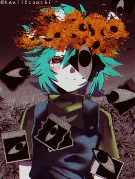 Rule 34 | 1boy, alternate hair length, alternate hairstyle, antenna hair, basil (headspace) (omori), basil (omori), blue overalls, blush, closed mouth, colored skin, commentary request, double-parted bangs, flower, green hair, green shirt, hair between eyes, highres, kauchi (kani10cauchi), looking at viewer, male focus, omori, overalls, photo (object), red eyes, shirt, short hair, short sleeves, sidelocks, smile, solo, something (omori), sunflower, t-shirt, too many watermarks, twitter username, upper body, watermark, white skin