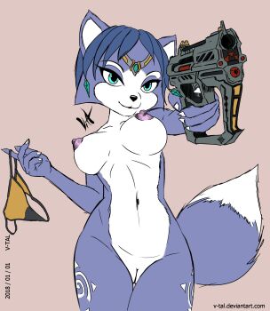 1girl animal_ears blue_eyes blue_fur breasts cleft_of_venus fox fox_ears fox_girl fox_tail furry furry_female gun highres holding holding_unworn_clothes holding_gun holding_underwear holding_unworn_clothes holding_weapon jewelry krystal large_breasts navel nintendo nipples nude pussy smile star_fox tail thick_thighs thighs underwear v-tal weapon white_fur wide_hips