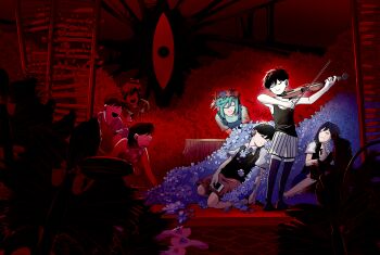 2girls 5boys absurdres aubrey_(headspace)_(omori) aubrey_(omori) basil_(headspace)_(omori) basil_(omori) black_sweater_vest black_tank_top black_thighhighs blue_overalls bow bow_(music) brown_shorts closed_eyes closed_mouth collared_shirt colored_skin flower ggneverover green_hair green_shirt hair_bow head_wreath hero_(headspace)_(omori) hero_(omori) highres holding holding_bow_(music) holding_instrument holding_photo holding_violin instrument kel_(headspace)_(omori) kel_(omori) long_hair looking_at_another mari_(faraway)_(omori) mari_(omori) multiple_boys multiple_girls music no_eyes omori omori_(omori) open_mouth overalls pajamas photo_(object) plant playing_instrument red_theme shirt short_sleeves shorts something_(omori) standing striped_clothes striped_pajamas striped_shorts sunny_(omori) sweater_vest t-shirt tank_top thighhighs tree_stump vertical-striped_clothes vertical-striped_pajamas vertical-striped_shorts vines violin white_shirt white_shorts white_skin