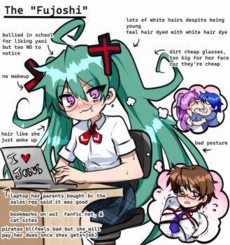 1girl 3boys ahoge babylonholic bdsm blue_hair blush bondage_outfit brown_hair chair collared_shirt commentary computer confessions_of_a_rotten_girl_(vocaloid) cross_hair_ornament drooling english_commentary english_text fujoshi glasses green_hair hair_ornament hatsune_miku heart hiyama_kiyoteru hiyama_kiyoteru_(natural) imagining kaito_(vocaloid) kamui_gakupo kiss laptop long_hair meme messy_hair multiple_boys necktie open_mouth parody plaid_clothes plaid_skirt purple_eyes purple_hair round_eyewear school_uniform shirt short_sleeves sitting skirt smile speech_bubble sweat swivel_chair table thought_bubble twintails very_long_hair vocaloid white_background white_shirt yaoi