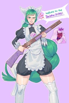 2girls absurdres big_hair black_romper blunt_bangs bow bowtie braid braided_ponytail cropped_legs dedhed_art green_hair grin gun highres holding holding_gun holding_weapon jacinthe_(pokemon) lebanne_(pokemon) long_braid long_hair maid_headdress multiple_girls nintendo pokemon pokemon_legends:_z-a puffy_sleeves pump_action romper shotgun smile solo_focus standing very_long_hair weapon white_bow white_bowtie