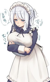 Rule 34 | 1girl, apron, bangohan tsubuyakitarou, black ribbon, breasts, faust (project moon), half updo, highres, holding, holding tray, large breasts, limbus company, neck ribbon, open mouth, project moon, ribbon, simple background, solo, speech bubble, translation request, tray, white apron, white background, white hair