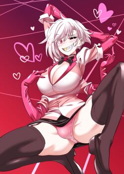 1boy :d alternate_breast_size_(larger) angel_dust arms_behind_head asymmetrical_bangs black_bow black_bowtie black_choker black_sclera black_shoes black_skirt black_thighhighs blush bow bowtie breasts bulge choker cleavage colored_sclera commentary_request contrast_lapels criss-crossed_composition elbow_gloves extra_arms feminization freckles full_body garter_straps gesugao gloves gold_teeth gradient_background grin hand_on_own_chest hands_up hazbin_hotel heart hellaverse highres huge_breasts humanization knee_up lapels looking_at_viewer male_focus male_with_breasts medium_hair miniskirt mismatched_sclera nanamatsu_kenji notched_lapels open_mouth panties panty_bulge pink_background pink_eyes pink_gloves pink_panties pink_theme raised_eyebrow sharp_teeth shirt shoes short_sleeves skirt smile solo spread_legs squatting striped_clothes striped_shirt teeth thighhighs trap underwear white_hair white_shirt wide_spread_legs