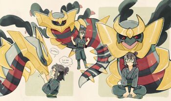 1girl abstract_background ange_(angeban93) behind_another black_hair black_sash black_sclera blue_eyes closed_eyes closed_mouth colored_sclera commentary commission english_commentary english_text full_body gen_4_pokemon giratina giratina_(origin) glasses grey_footwear grey_kimono hand_on_another's_face highres japanese_clothes kimono legendary_pokemon medium_hair nintendo open_mouth pokemon pokemon_(creature) pokemon_kimono_(legends) pokemon_legends:_arceus purring red_eyes sash speech_bubble square thought_bubble