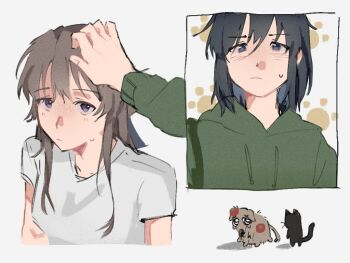 2girls black_hair blue_eyes brown_hair closed_mouth commentary english_commentary givvhvh green_hoodie headpat hood hood_down hoodie long_hair long_sleeves medium_hair miyagi_shiori multiple_girls purple_eyes sendai_hazuki short_sleeves shuuniichido_classmate_wo_kau_hanashi sidelocks simple_background sweatdrop white_background