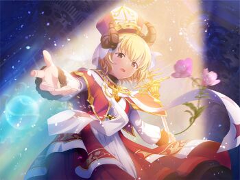 1girl blonde_hair blurry blurry_foreground brown_eyes dress fake_horns flower_request game_cg gears goat_horns hat horns jewelry long_sleeves looking_at_viewer official_art open_mouth otori_michiru reaching reaching_towards_viewer red_dress short_hair shoujo_kageki_revue_starlight shoujo_kageki_revue_starlight_-re_live- solo spotlight tarot the_hierophant_(tarot) upper_body white_hat