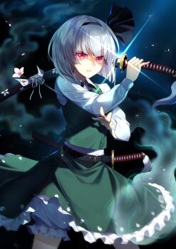 1girl belt black_background black_hairband black_ribbon bloomers collared_shirt commentary_request flower frilled_skirt frills glowing glowing_eyes glowing_sword glowing_weapon green_skirt green_vest hair_ribbon hairband highres hitodama hitodama_print holding holding_sword holding_weapon kaede_(mmkeyy) katana konpaku_youmu konpaku_youmu_(ghost) lips long_sleeves open_mouth red_eyes ribbon scabbard sheath shine shirt short_hair silver_hair simple_background skirt solo string sword touhou underwear unsheathing upper_body vest weapon white_shirt