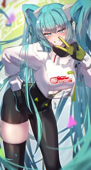 1girl absurdres aqua_eyes aqua_hair asymmetrical_bodysuit black_bodysuit black_gloves black_thighhighs blush bodysuit breasts commentary_request cropped_jacket flag gloves goodsmile_company goodsmile_racing green_gloves grin hair_between_eyes hand_on_own_hip hatsune_miku highres holding jacket large_breasts leaning_forward long_hair long_sleeves looking_at_viewer multicolored_gloves open_mouth race_queen racing_miku racing_miku_(2022) single_leg_bodysuit single_thighhigh smile solo teasan teeth thighhighs twintails two-tone_gloves v very_long_hair vocaloid white_jacket