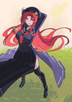 1girl alternate_costume arms_behind_head black_hat black_sailor_collar black_serafuku black_shoes black_skirt black_thighhighs bow braid breasts commentary duplicate falken_(yutozin) full_body grass green_bow green_eyes hair_bow hat highres hong_meiling large_breasts long_hair long_skirt long_sleeves neckerchief open_mouth pixel-perfect_duplicate pleated_skirt red_hair red_neckerchief sailor_collar school_uniform serafuku shoes skirt smile solo standing thighhighs touhou twin_braids