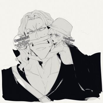 1boy 1girl blank_eyes blunt_bangs blush clenched_teeth commentary_request edward_newgate facial_hair greyscale hat highres hug monochrome mustache one_piece ovasayuri simple_background stussy_(one_piece) teeth twitter_username v-shaped_eyebrows