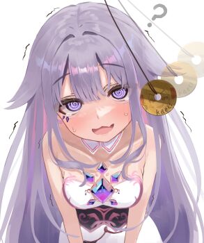 2girls ? @_@ absurdres bare_arms breasts center-flap_bangs character_name chest_jewel coin coin_on_string commentary double-parted_bangs dress english_commentary fang female_pov gem hair_flaps highres holed_coin hololive hololive_english hololive_indonesia hypnosis jewel_under_eye kaela_kovalskia koseki_bijou koseki_bijou_(1st_costume) loli long_hair looking_at_viewer lucien_000298 medium_breasts mind_control multiple_girls open_mouth pov purple_eyes purple_gemstone red_eyes reflection sidelocks simple_background skin_fang smug sweat twitching underbust v_arms virtual_youtuber white_background white_dress