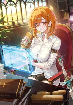 1girl absurdres armband bible_(object) black_shorts blush book book_stack bookmark bookshelf bread breasts brown_shorts button_gap buttons chair collarbone collared_shirt commentary_request cross cross_print dress_shirt dutch_angle eating food glint hair_between_eyes hair_intakes hand_up highres holding holding_food holographic_interface holographic_monitor holographic_touchscreen indoors korean_commentary lamp large_breasts light_particles light_rays long_hair long_sleeves looking_ahead meoyo mixed-language_commentary on_chair orange_eyes orange_hair original paper_stack plant scroll shelf shirt shorts sidelocks sitting solo stained_glass sword table thighs weapon window