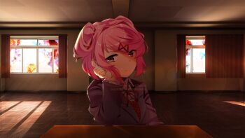 Rule 34 | 1girl, closed mouth, curtains, deviantart username, doki doki literature club, doki doki literature club school uniform, formal clothes, hair ribbon, indoors, just monika (meme), leaning to the side, lens flare, looking at viewer, looking to the side, meme, napstachill, natsuki (doki doki literature club), orange sweater vest, pink hair, purple eyes, purple suit, red ribbon, ribbon, school uniform, shirt, short hair, solo, suit, sweater vest, table, tumblr username, turning head, upper body, watermark, white shirt, window